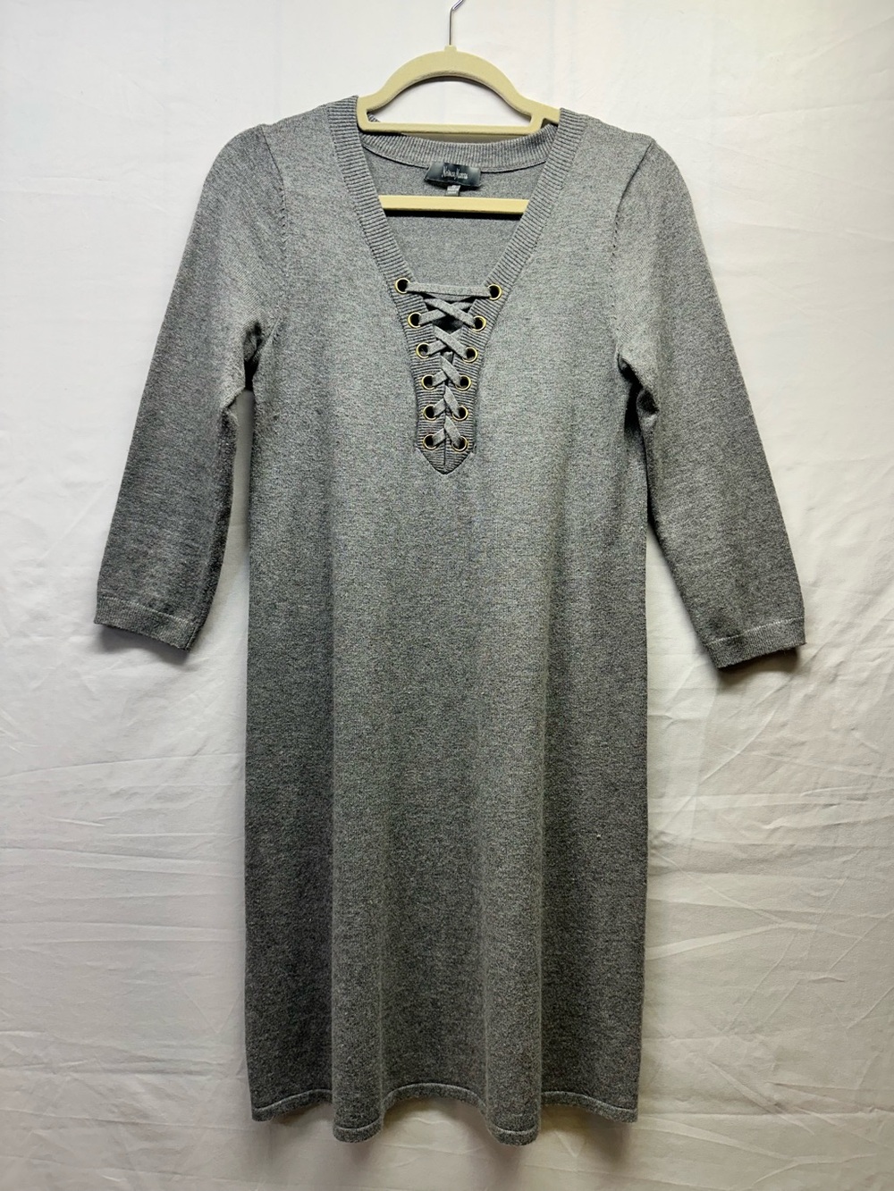 Neiman Marcus Gray Lace-Up V-Neck Midi Dress